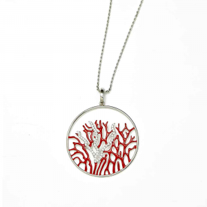 Silver chain with coral branch pendant in enamel and zircons