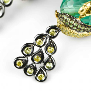 Orecchini pendenti pavone in argento con ossidiana verde e zirconi