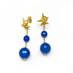 Orecchini pendenti in argento con stella marina e sfere di agata blu