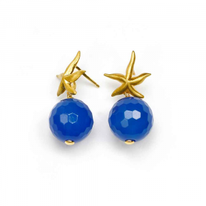 Orecchini pendenti in argento con stella marina e sfera di agata blu