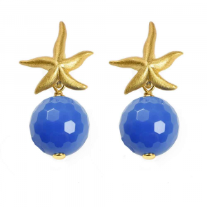 Orecchini pendenti in argento con stella marina e sfera di agata blu