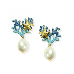 Silberne Ohrringe mit Korallenzweig in blauer Emaille und Süßwasserperle