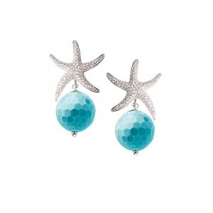 Orecchini pendenti in argento con stella marina di zirconi e sfera di pasta di turchese