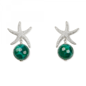 Orecchini pendenti in argento con stella marina di zirconi e sfera di agata verde