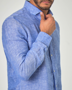 Camicia blu indaco in lino con collo alla francese