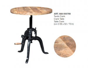 Crank - Tavolo rotondo elevabile a manovella, in legno di mango e metallo, colore naturale e nero in stile industrial, dimensione: cm ø 55 x 52 / 73 h