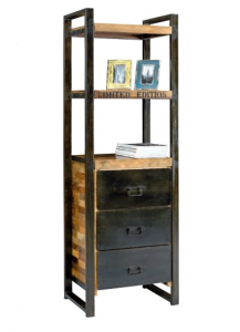 Factory - Libreria 3 cassetti, in legno massello e metallo, colore naturale e nero, stile industrial, dimensione: cm 60 x 40 x 180 h