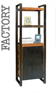 Factory - Libreria 1 anta in legno massello e metallo, colore naturale e nero in stile industrial, dimensione: cm 60 x 40 x 180 h