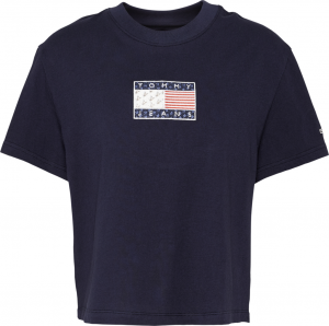T-shirt blu cropped in cotone organico con patch bandiera americana cucita