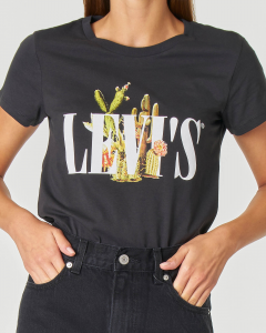 T-shirt nera in cotone con logo serif e stampa cactus