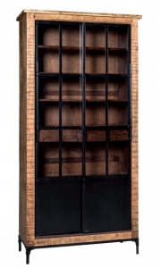 Playmouth - Vetrina in legno massello e metallo, colore naturale e nero in stile industrial vintage, dimensione: cm 110 x 45 x 220 h