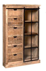 Bureau - Vetrina 1 anta e 6 cassetti in legno massello di mango, colore naturale in stile industrial, dimensione: cm 100 x 40 x 152 h