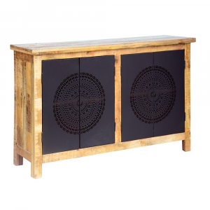 Arabesque - Credenza 4 ante in legno massello e metallo, colore naturale e nero, stile vintage arabo, dimensione: (cm 150 x 48 x 85 h)