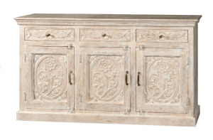 Flow - Credenza 3 ante e 3 cassetti, in legno di acacia intarsiato, colore bianco decapato in stile etnico chic, dimensione: cm 170 x 45 x 95 h