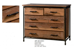Easton - Comò con 5 cassetti in legno massello e metallo, colore naturale stile rustico industrial, dimensione: cm 120 x 48 x 100 h