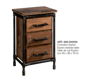 Easton - Comodino 3 cassetti in legno massello e metallo, colore naturale stile rustico industrial, dimensione: cm 45 x 35 x 70 h