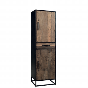 Calgary - Stipo 2 ante e 1 cassetto, in legno massello con struttura in metallo, colore naturale e nero in stile industrial rustico, dimensione: cm 55 x 40 x 190 h