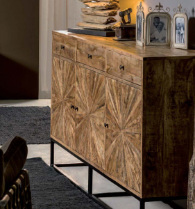 Bourgogne - Credenza 3 ante e 3 cassetti in legno massello, colore naturale in stile vintage, dimensione: cm 160 x 40 x 91 h