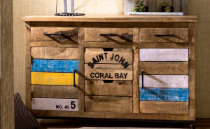 Saint John - Credenza 2 ante e 5 cassetti con ruote, in legno massello colore naturale e pastello in stile vintage, dimensione: cm 150 x 46 x 95 h