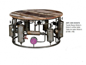 Motor's - Tavolino basso realizzato con pezzi di motore e top in legno massello in stile industrial, dimensione: cm Ø 88 x 48