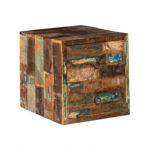 Farm 2 cassetti - Cubo componibile portaoggetti in legno massello riciclato, colore naturale invecchiato in stile vintage, dimensione: cm 40 x 36 x 40 h
