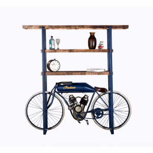 H.D. - Libreria in legno massello con riproduzione motocicletta indian, colore blue in stile vintage, dimensione: cm 182 x 41 x 183 h