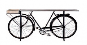 Bike original - Tavolo consolle da ingresso in legno massello con bicicletta, colore nero in stile vintage retrò, dimensione: cm 180 x 40 x 90 h