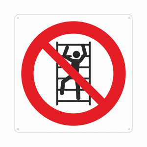 Cartello con simbolo vietato arrampicarsi sugli scaffali
