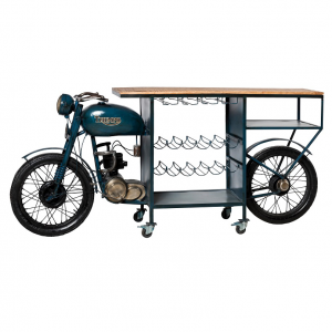 Moto - Consolle Bar con portabottiglie riproduzione motocicletta Triumph, colore originale stile industrial, dimensione: cm 180 x 38 x 90 h