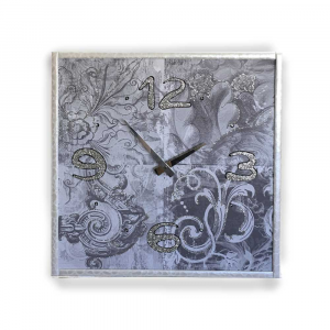 Orologio da parete cornice ecopelle bianca decori 16 glitter argento nero 57x57