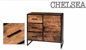Chelsea - Piccola Credenza 1 Anta e 3 cassetti, in legno massello di acacia e metallo, colore naturale in stile vintage, dimensione: cm 90 x 40 x 90 h