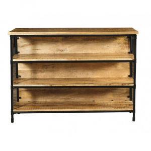 Boulton - Bancone bar in legno di mango e metallo, colore naturale e nero in stile industrial, dimensione cm 144 x 55 x 107 h