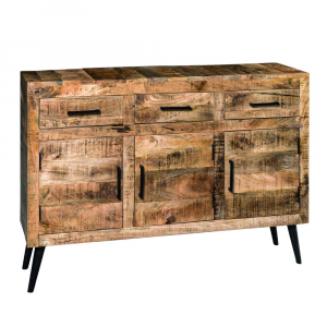 Vinnie - Credenza 3 ante e 3 cassetti in legno di mango, colore naturale stile vintage rustico, dimensione: cm 130 x 38 x 90 h