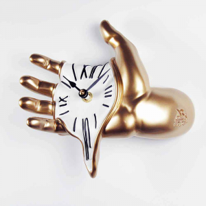Wall clock surrealist Mano in white & gold decorated resin
