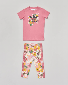Completino composto da maglietta rosa e leggins con logo e stampa floreale 1-4 anni
