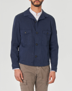 Giacca camicia blu in cotone stretch con tasche applicate e logo patch