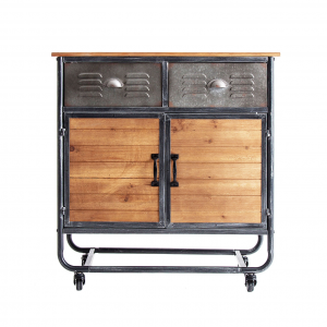 Dundalk - Tavolo consolle con ruote 2 ante e 2 cassetti, in legno di pino e metallo colore naturale e nero stile industrial, dimensioni 87 x 41 x 89 cm