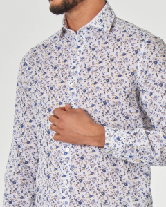 Camicia bianca con fiori lilla in misto lino e cotone con colletto alla francese