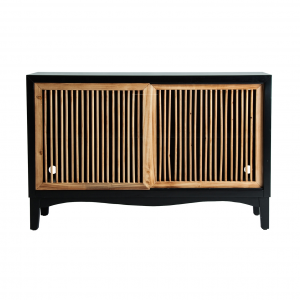 Lomqui - Credenza 2 ante, in legno di abete colore naturale e nero stile contemporaneo, dimensioni 121,5 x 36 x 76 cm.