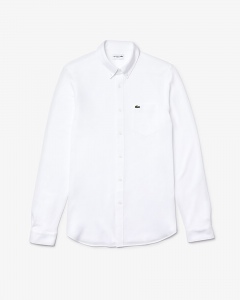 Camicia bianca in piquè di cotone con taschino e collo button down