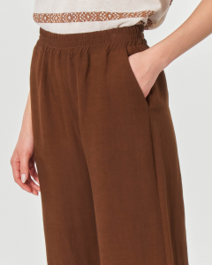 Pantaloni palazzo in viscosa e lino color marrone con elastico inserito in vita