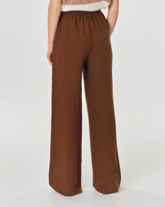 Pantaloni palazzo in viscosa e lino color marrone con elastico inserito in vita