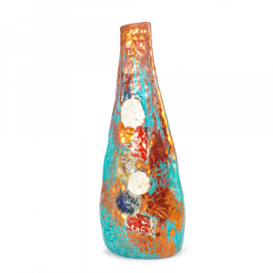 Tall Faenza ceramic craft vase turquoise blue-red geometric designs