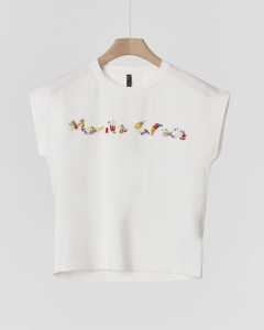 T-shirt bianca smanicata in cotone stretch con maxi logo frontale decorato con perline multicolor 10-16 anni