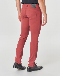 Pantalone cinque tasche color rosa antico in cotone micro-riga stretch con toppa