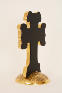 Croce terracotta decoro bizantino con base in metallo