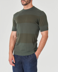 T-shirt mezza manica verde militare a righe tono su tono in crêpe di cotone