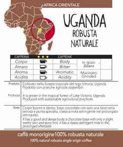 Caffè monorigine Uganda Robusta Naturale confezioni da 250gr e 1kg