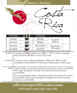 Caffè monorigine Costa Rica , confezioni da 250 gr o 1kg in grani, macinato moka, filtro, espresso e V60