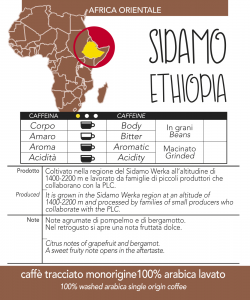 Caffè monorigine Etiopia Sidamo macinato, confezioni da 250 gr e 1kg in Grani, Macinato moka, filtro, espresso e V60